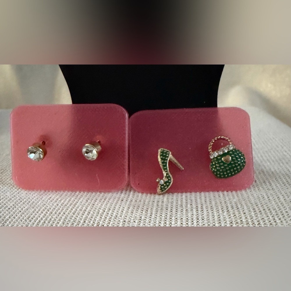 Gold-Tone Green Crystal High Heel & Purse Stud Earring Set